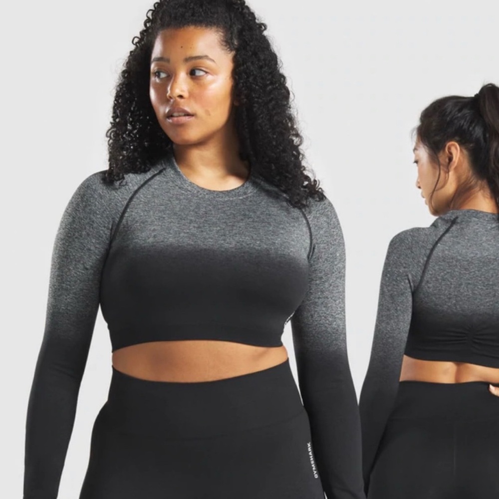 Gymshark Grey and Black Ombre Long Sleeve Crop Top and Leggings Workout Set